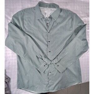 Mens XXL Striped Dress Shirt Green White Long Sleeve Polyester